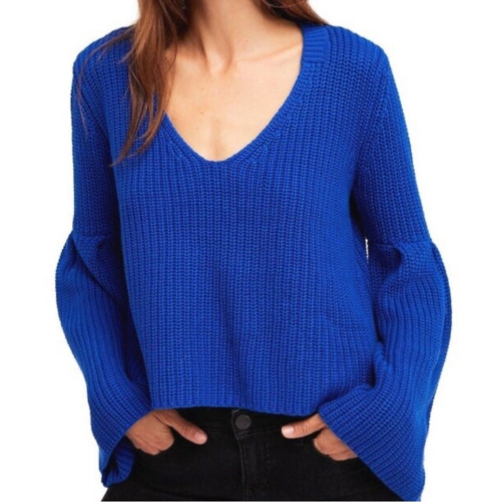FREE PEOPLE Sapphire Blue Dahlia Cotton Blend Thermal Bell Sleeve Top Xs